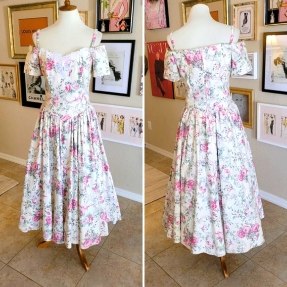 80s Romantic Mutli Color Floral Off the Shoulder Bow Lace Full Circle Midi Dress - Picture 3 of 9